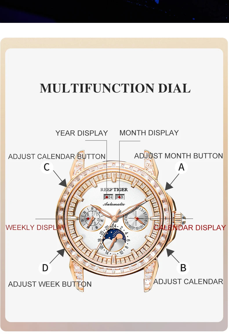 Automatic moonphase watch by reef tiger diamonds bezel blue dial