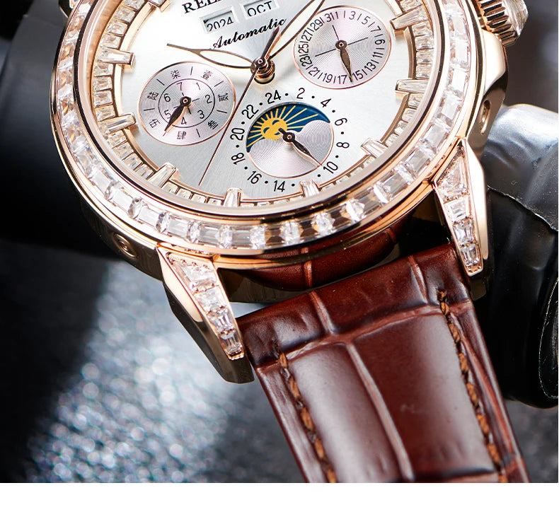 Automatic moonphase watch by reef tiger diamonds bezel blue dial