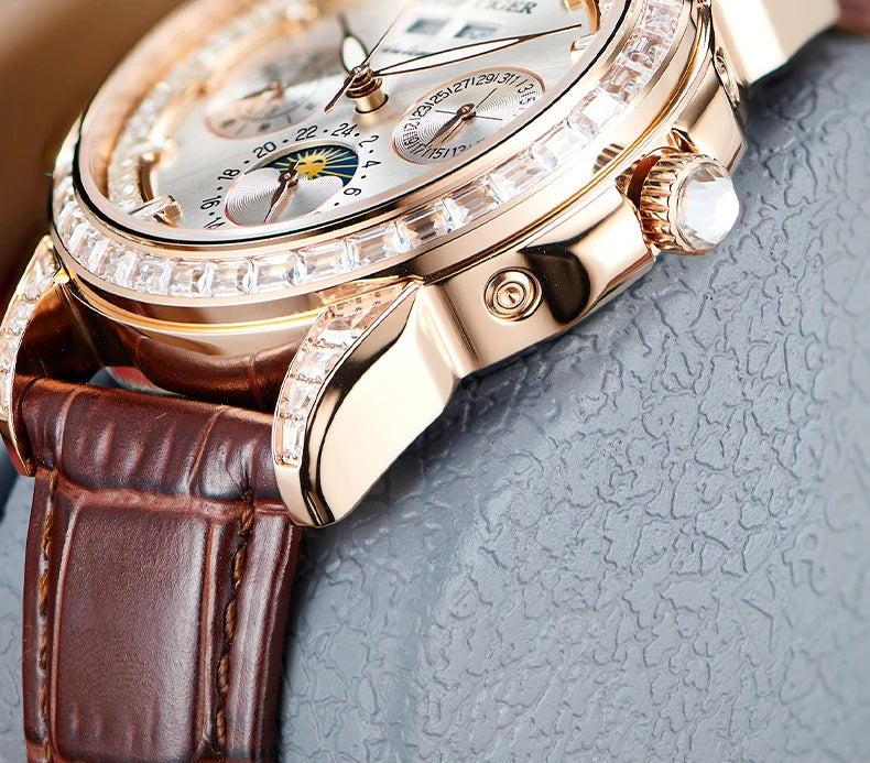 Automatic moonphase watch by reef tiger diamonds bezel blue dial