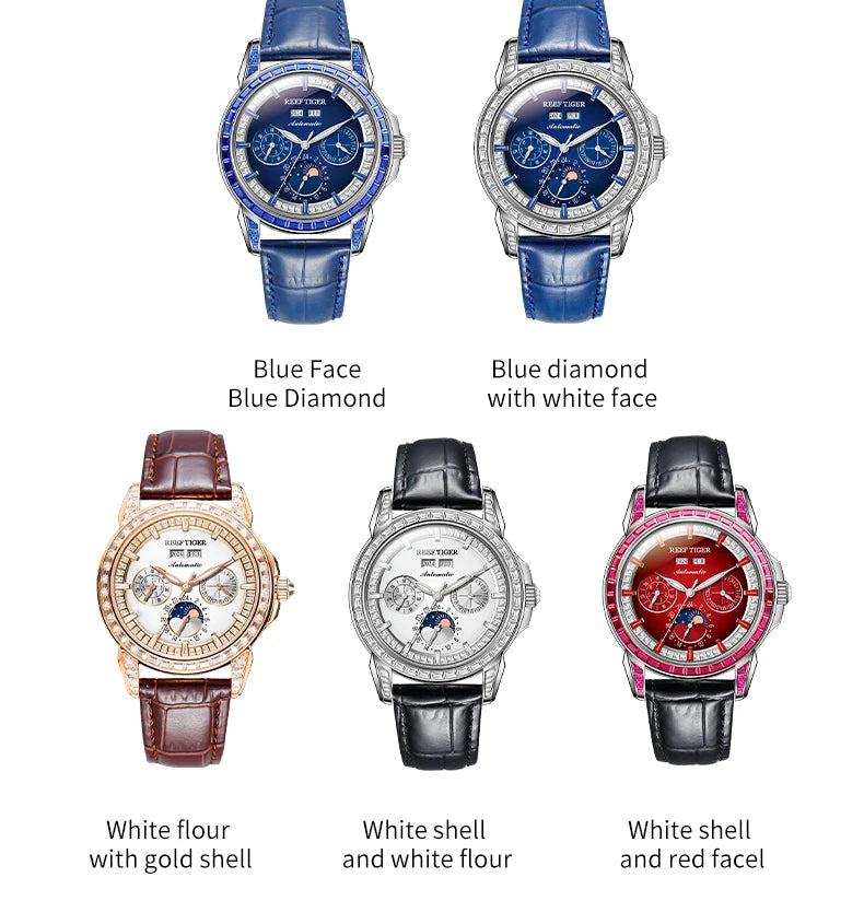 Automatic moonphase watch by reef tiger diamonds bezel blue dial