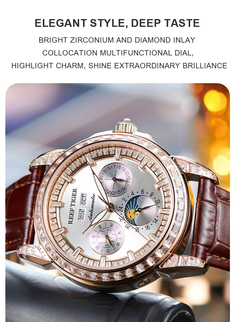 Automatic moonphase watch by reef tiger diamonds bezel blue dial