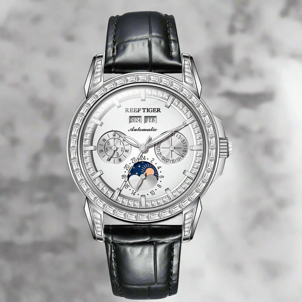 Automatic moonphase watch by reef tiger diamonds bezel blue dial