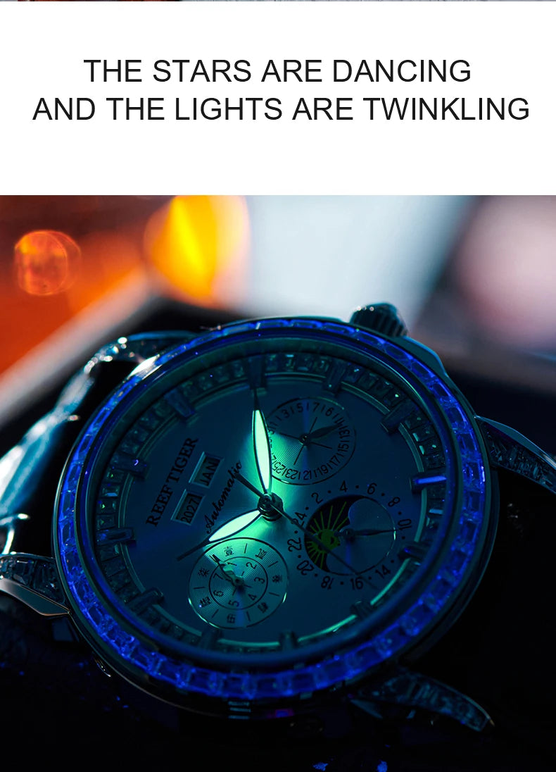 Automatic moonphase watch by reef tiger diamonds bezel blue dial