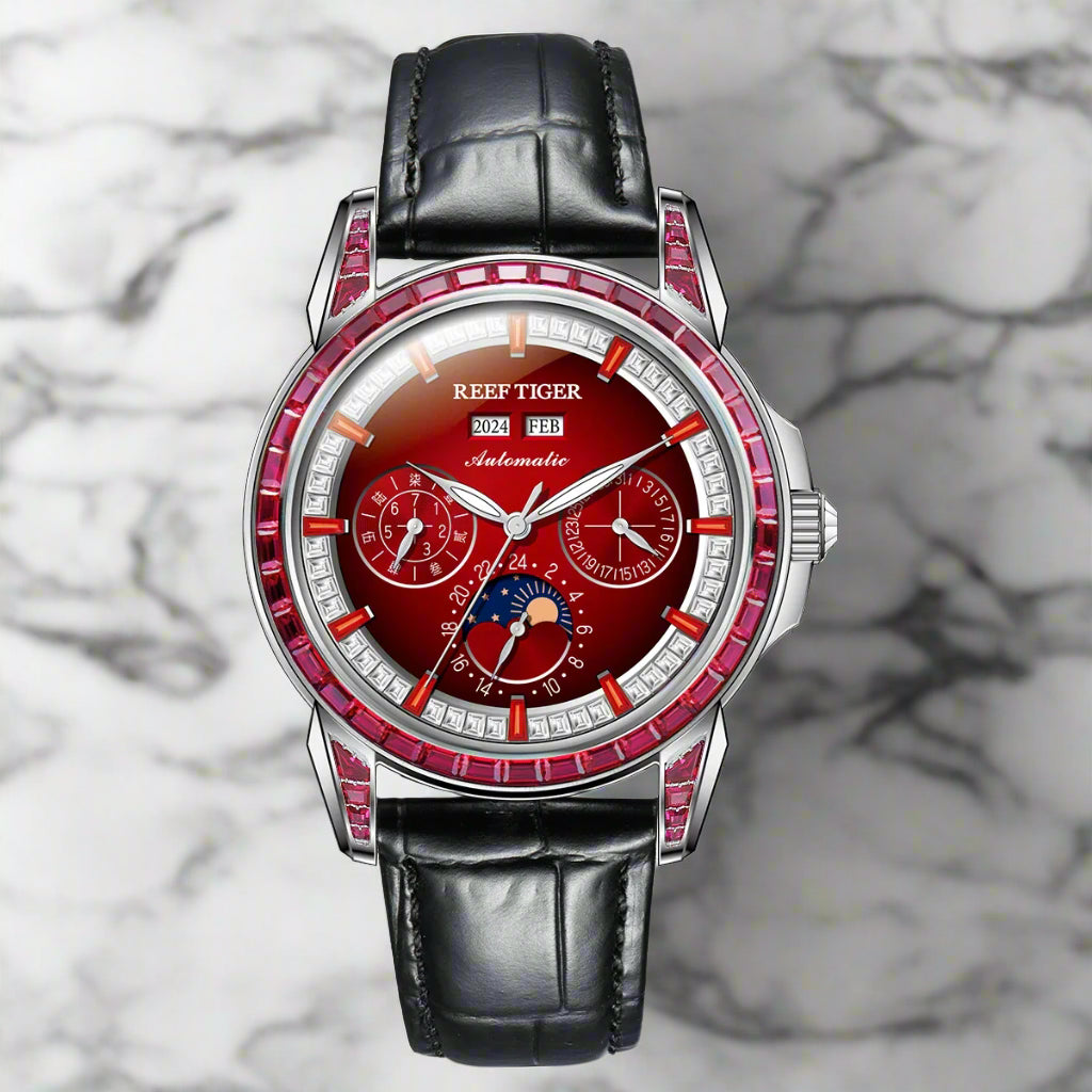 Automatic moonphase watch by reef tiger diamonds bezel blue dial