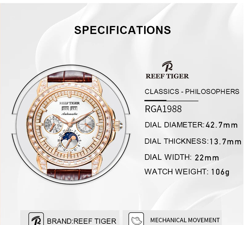 Automatic moonphase watch by reef tiger diamonds bezel blue dial