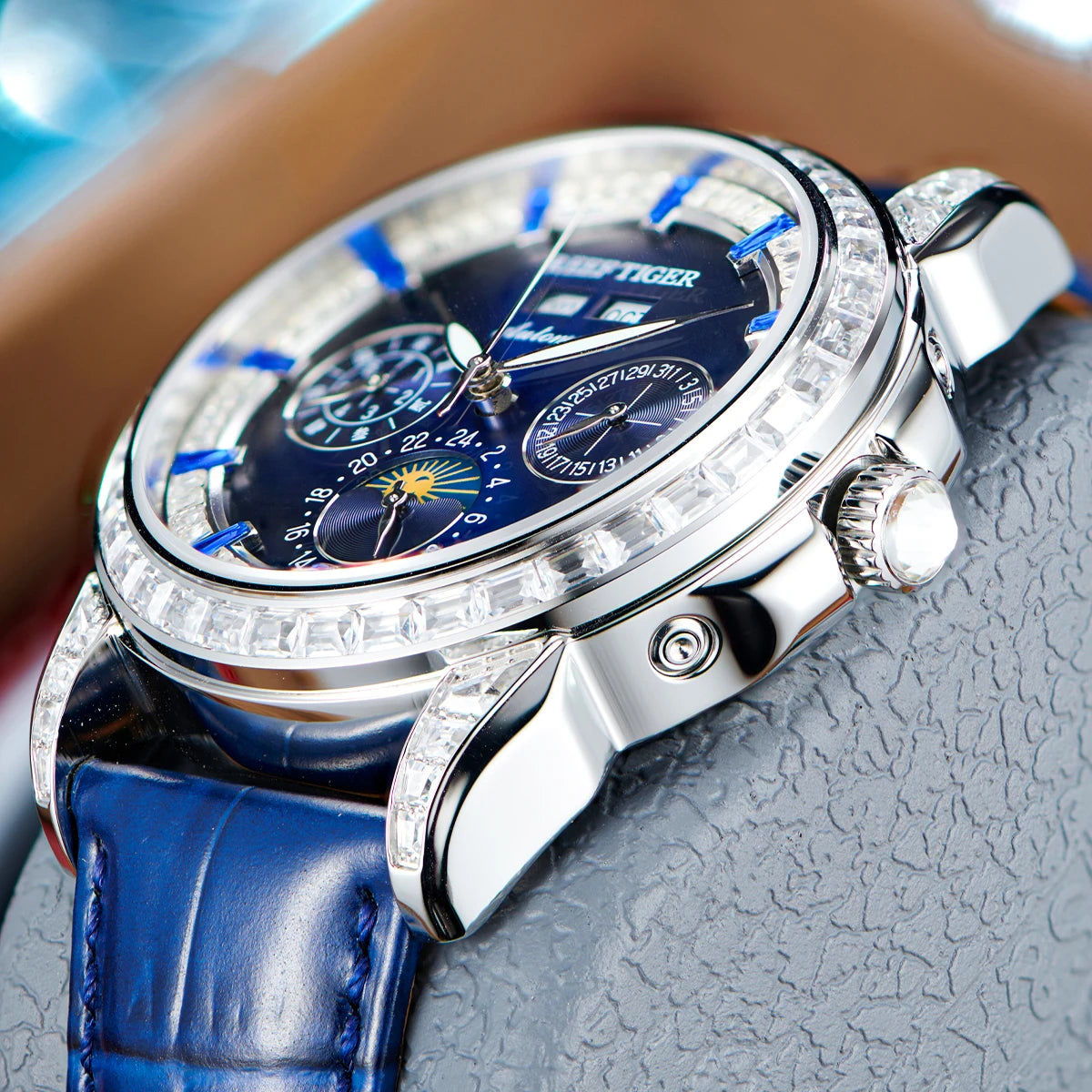 Automatic moonphase watch by reef tiger diamonds bezel blue dial