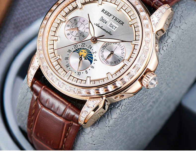 Automatic moonphase watch by reef tiger diamonds bezel blue dial