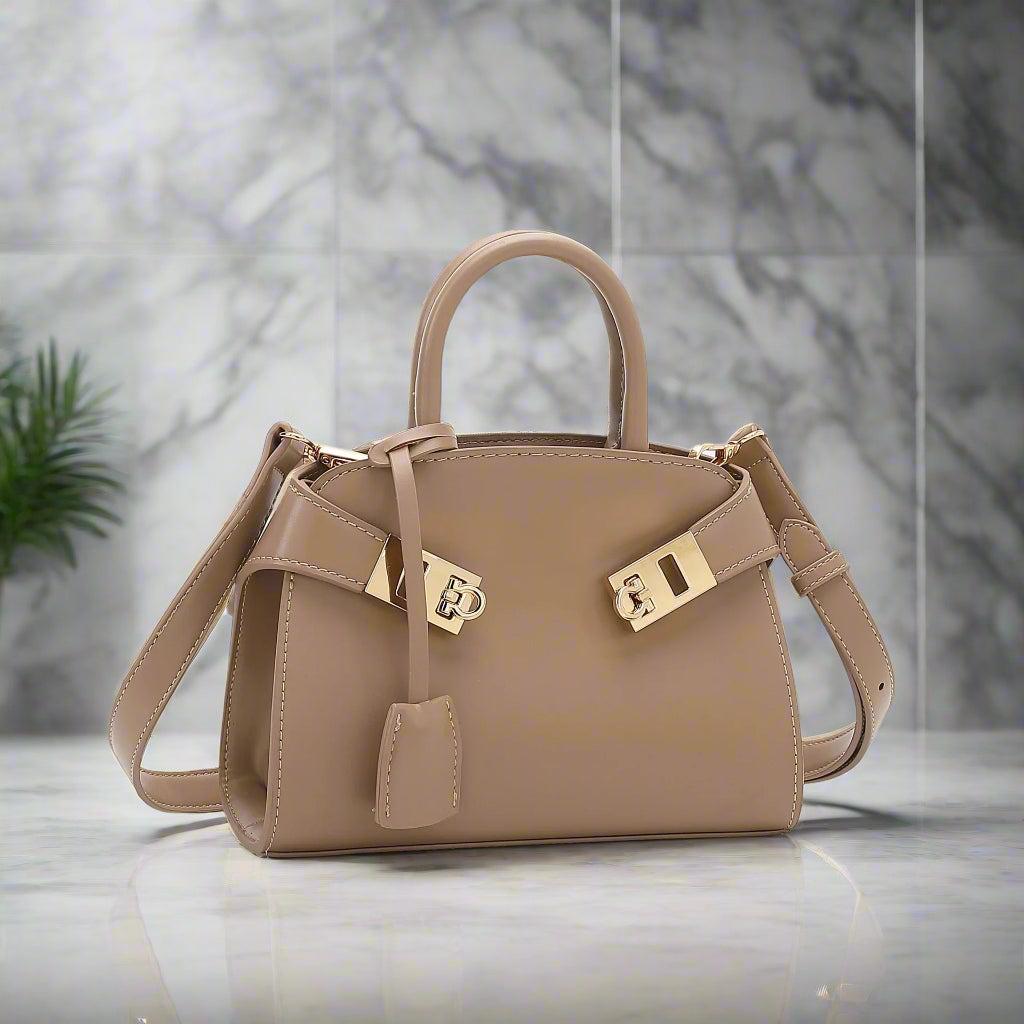 Ari modern classic shell bag – soft pu, structured style, double lock charm,hgg