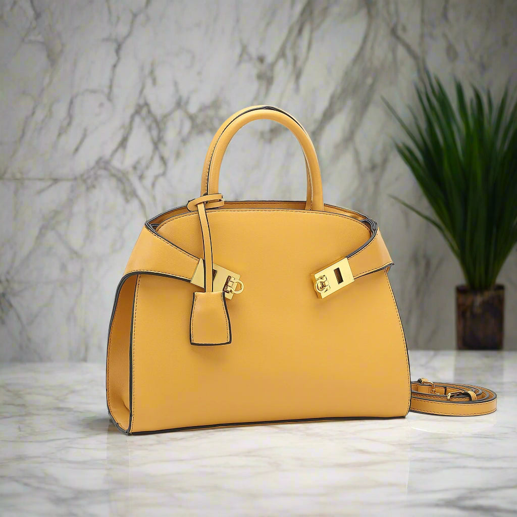 Ari modern classic shell bag – soft pu, structured style, double lock charm,fd
