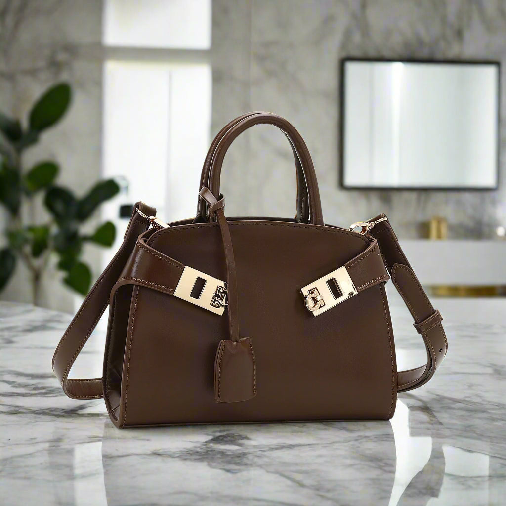 Ari modern classic shell bag – soft pu, structured style, double lock charm,gh