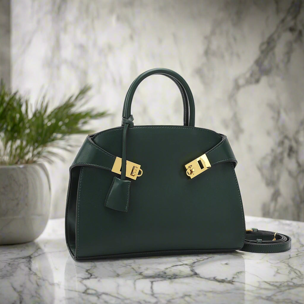 Ari modern classic shell bag – soft pu, structured style, double lock charm,j