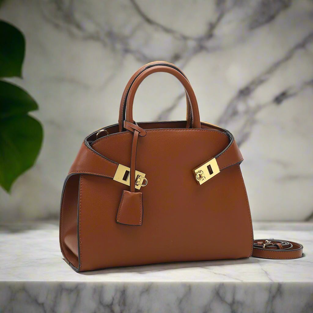 Ari modern classic shell bag – soft pu, structured style, double lock charm,hgg