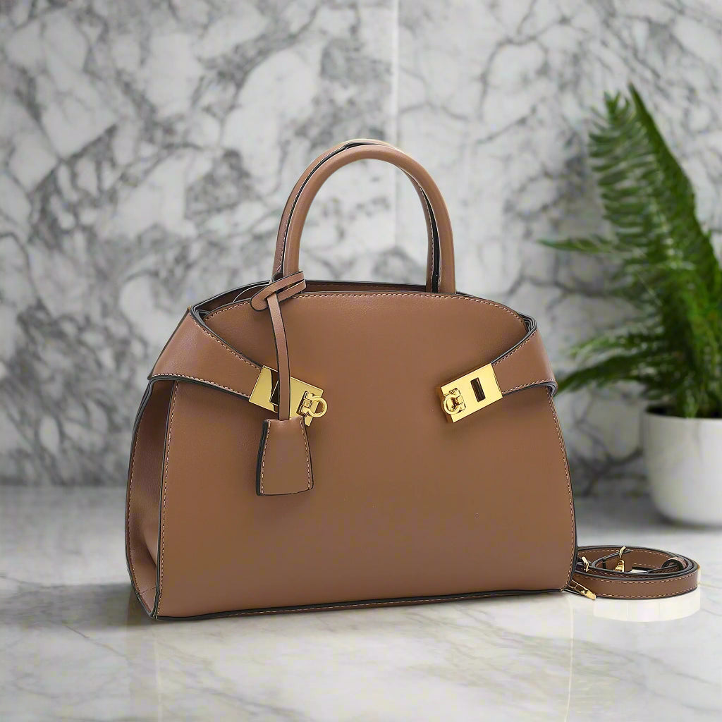 Ari modern classic shell bag – soft pu, structured style, double lock charm,tf