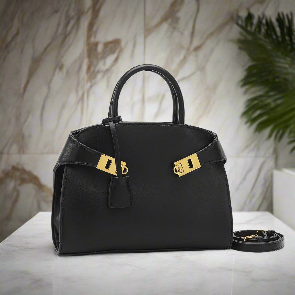 Ari modern classic shell bag – soft pu, structured style, double lock charm,v