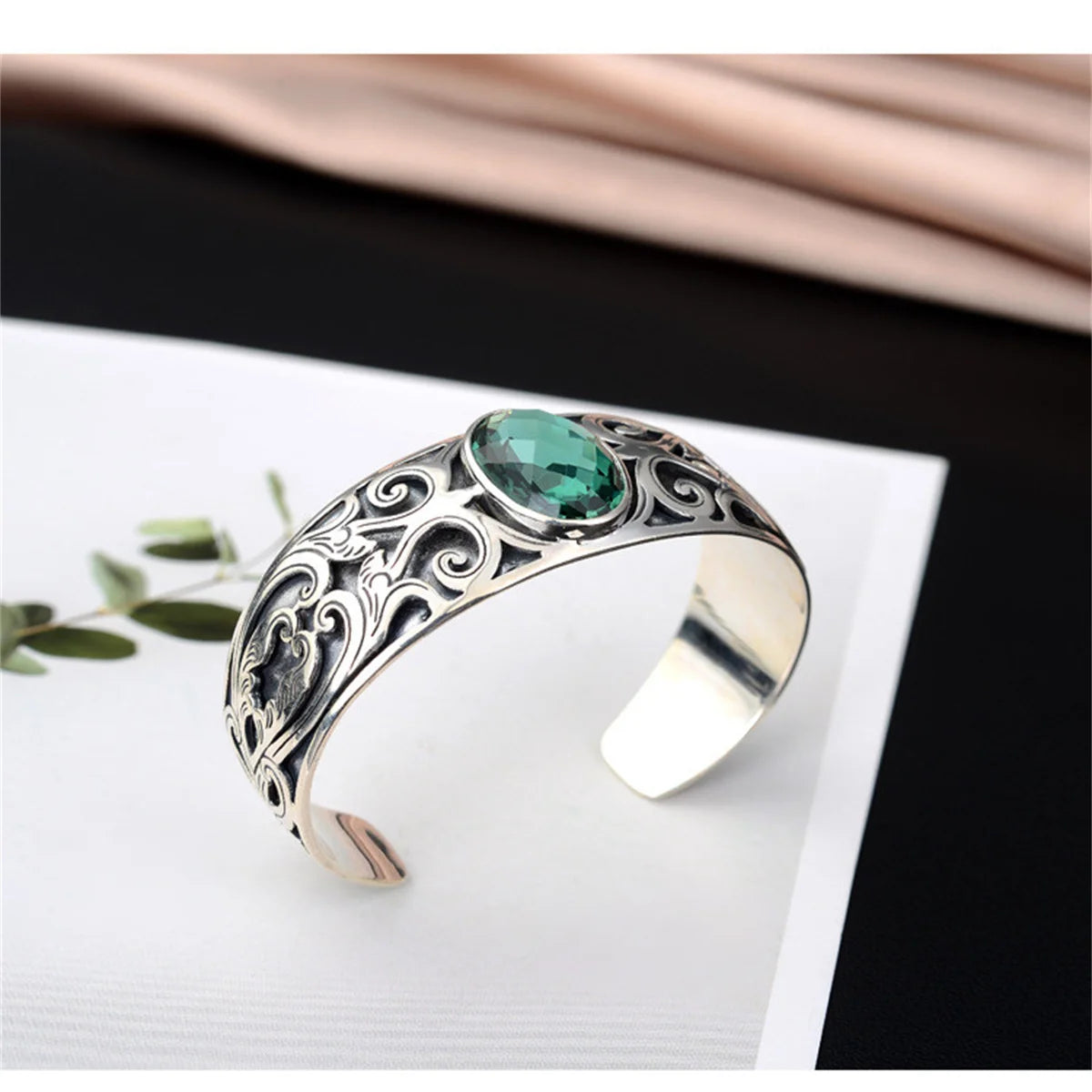 925 sterling silver vine totem charm with green crystal handcrafted bangle gift