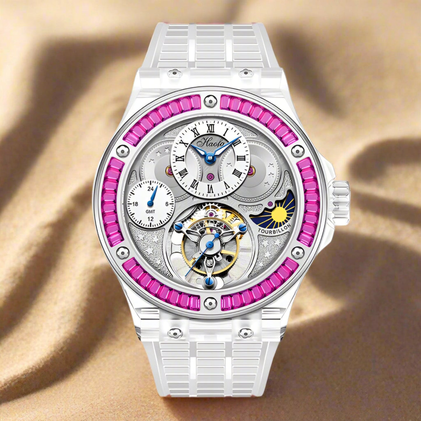 GMT Haofa tourbillon timepiece k9 crystal body sapphire lens day/night feature watch