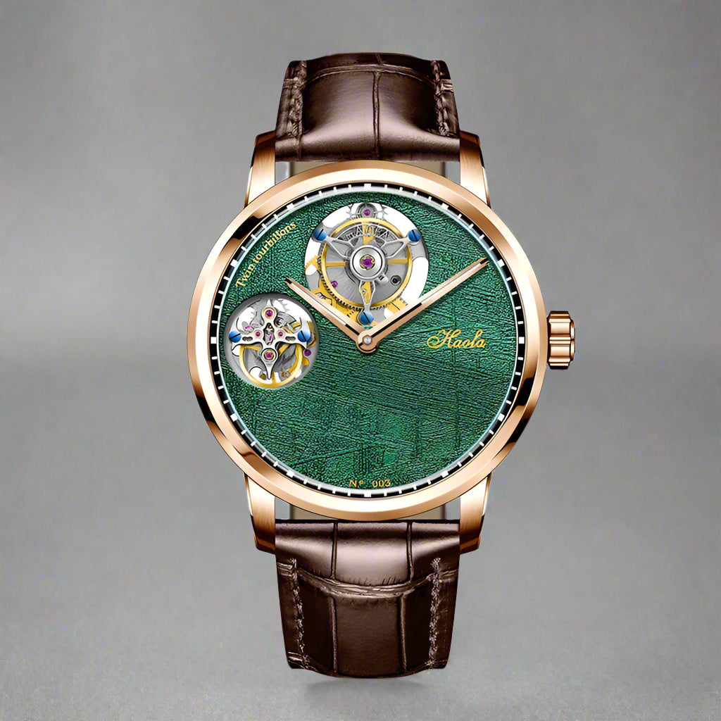 Luxury watch with green face and brown leather strap on white background