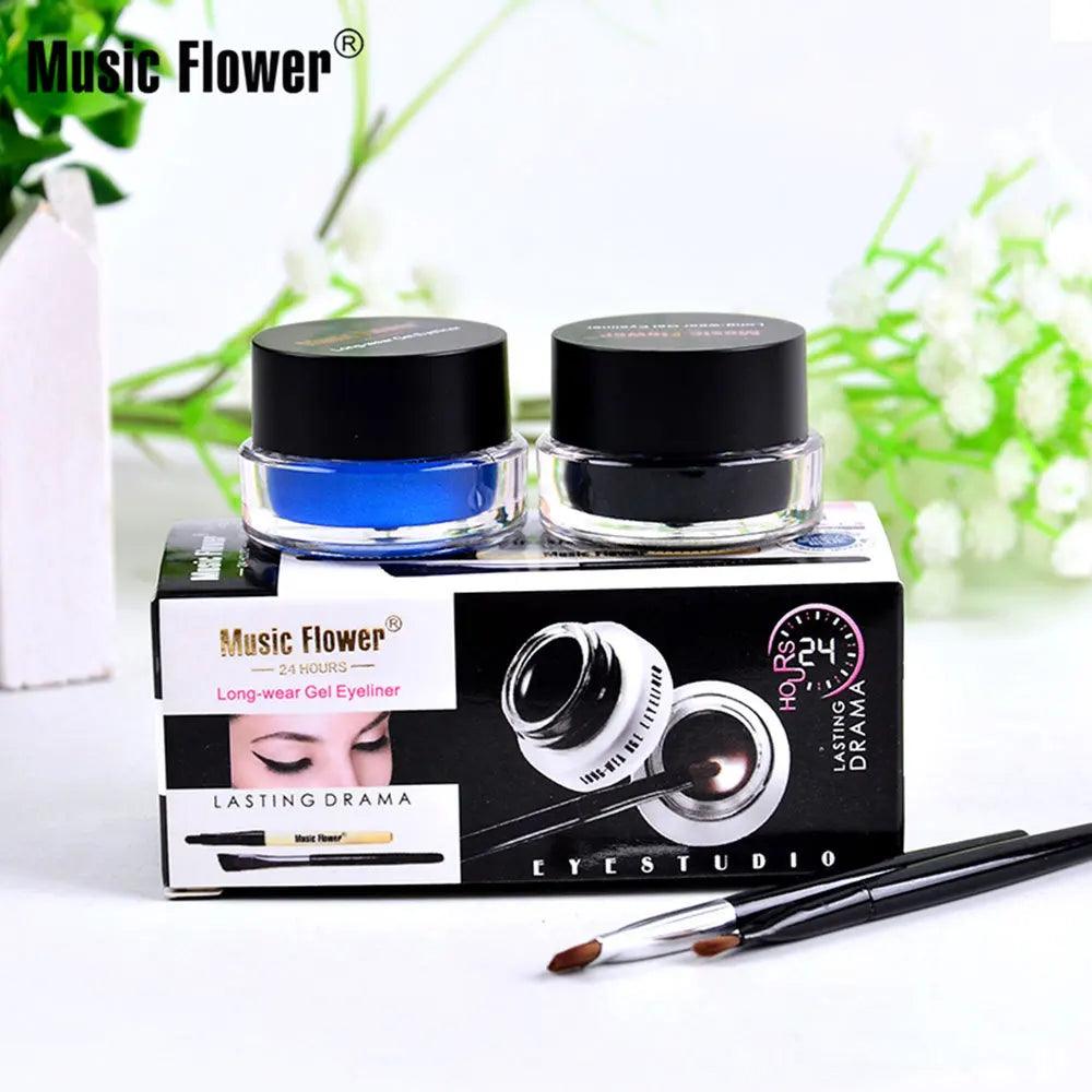 music flower eye makeup 2 in 1 brown black gel eyeliner cream waterproof creamy texture eye liner set with brushes - ARI