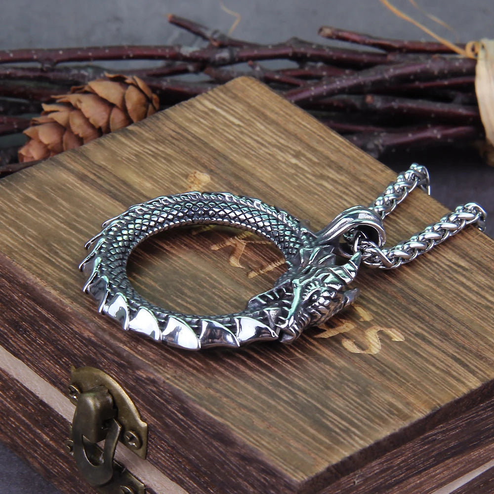 Viking dragon ouroboros necklace stainless steel valknut pendant