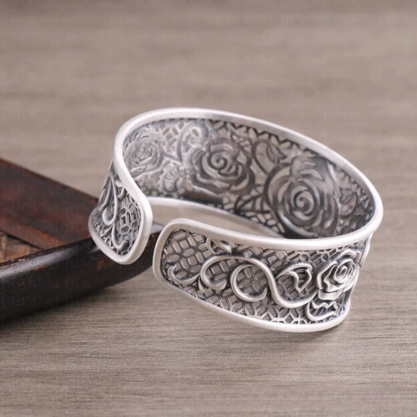 Handcrafted s999 sterling silver rose filigree bangle wide bracelet unique artisan design,n