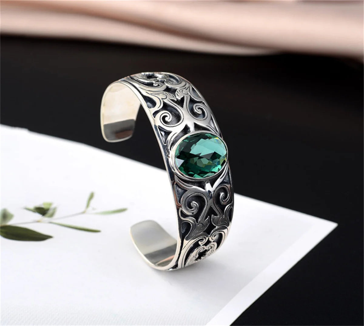 925 sterling silver vine totem charm with green crystal handcrafted bangle gift
