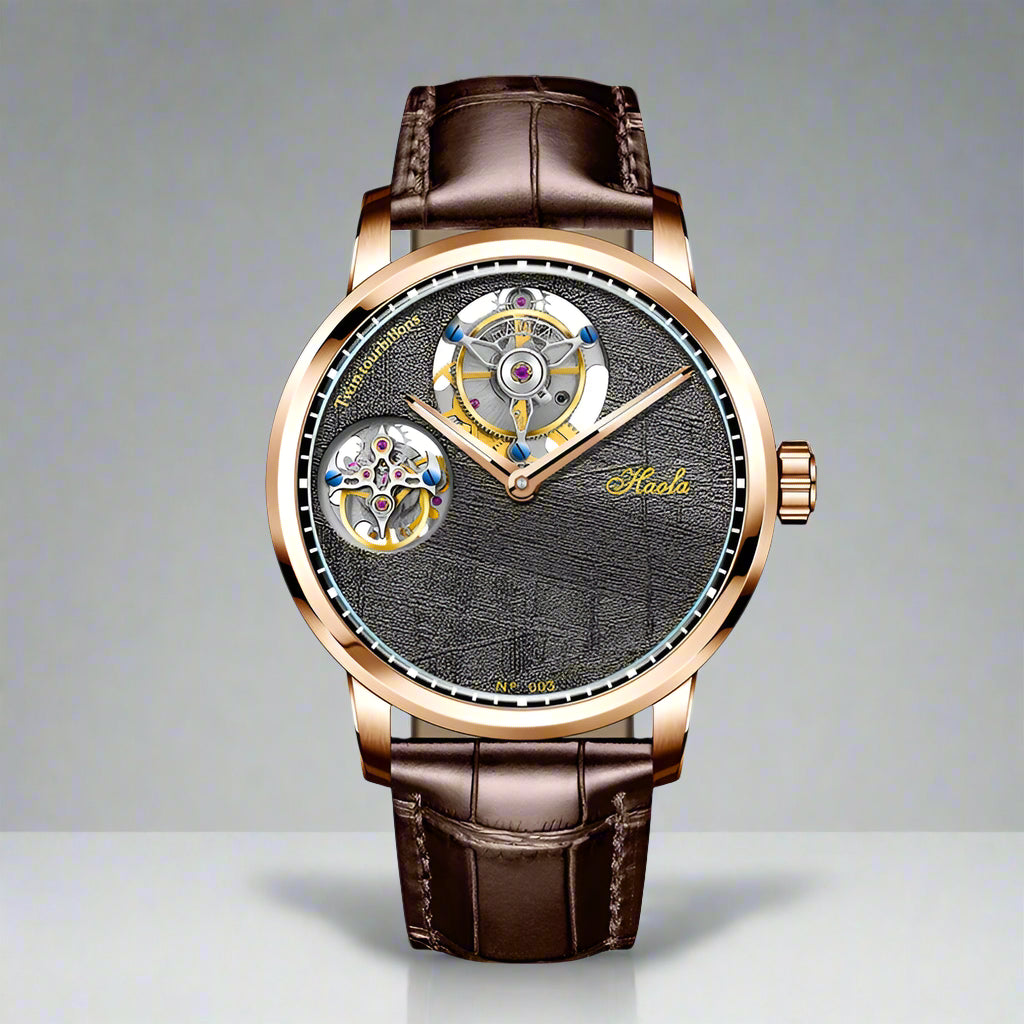 Haola Tourbillon watch with brown leather strap and detailed face on a white background