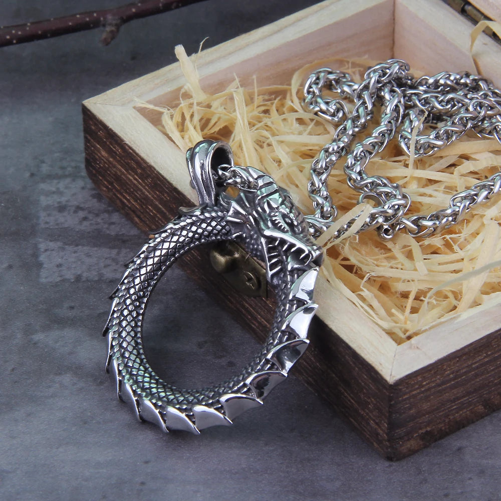 Viking dragon ouroboros necklace stainless steel valknut pendant