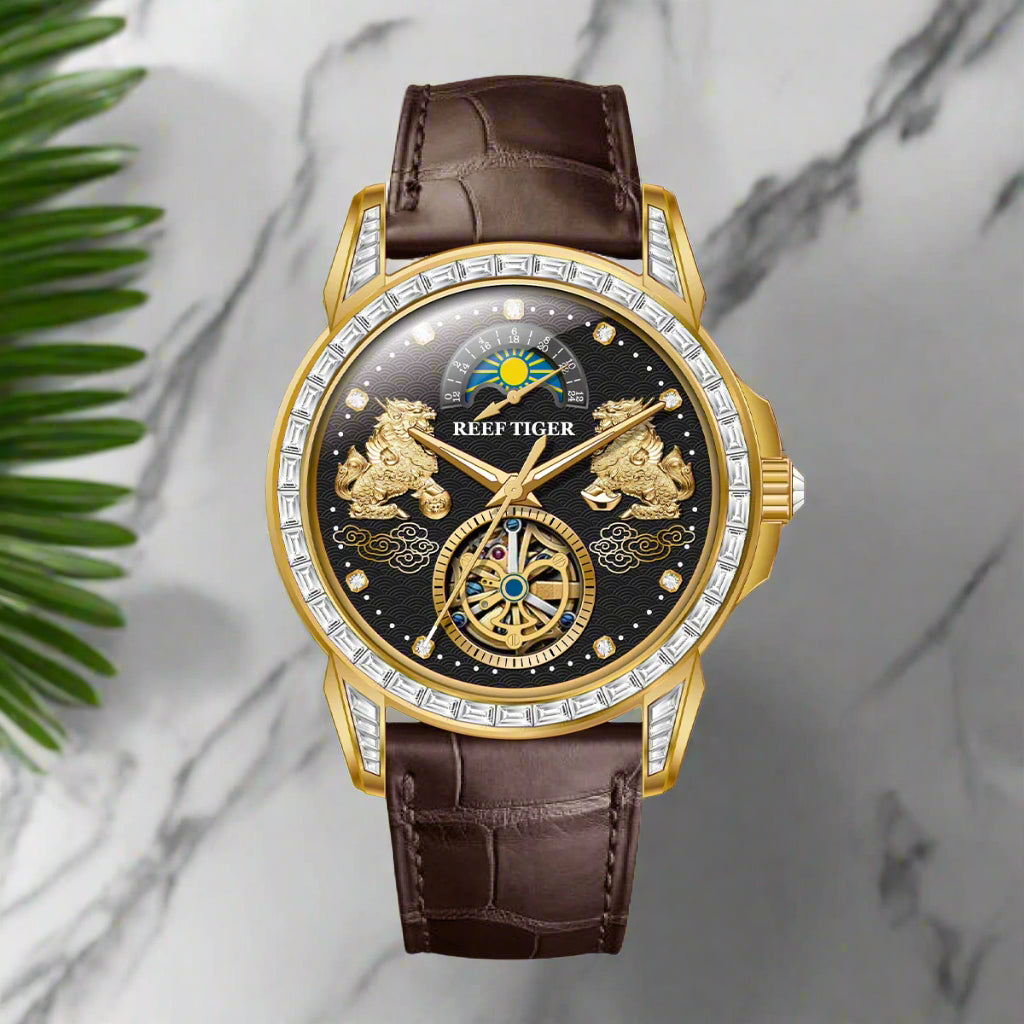 Reef tiger automatic watch rose gold pixiu dial diamond bezel leather strap,o