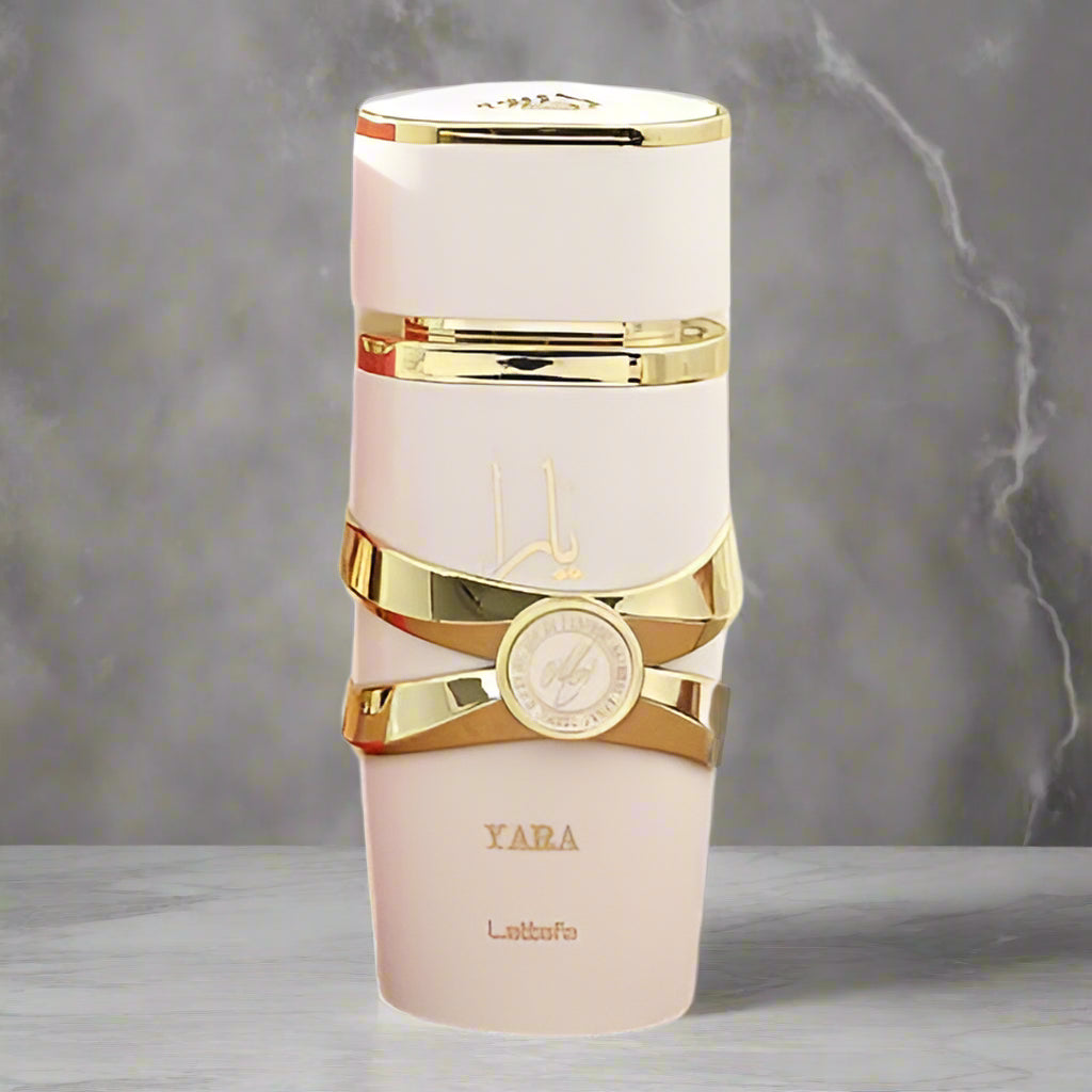 Yara Lattafa perfume bottle with gold accents on a white background
