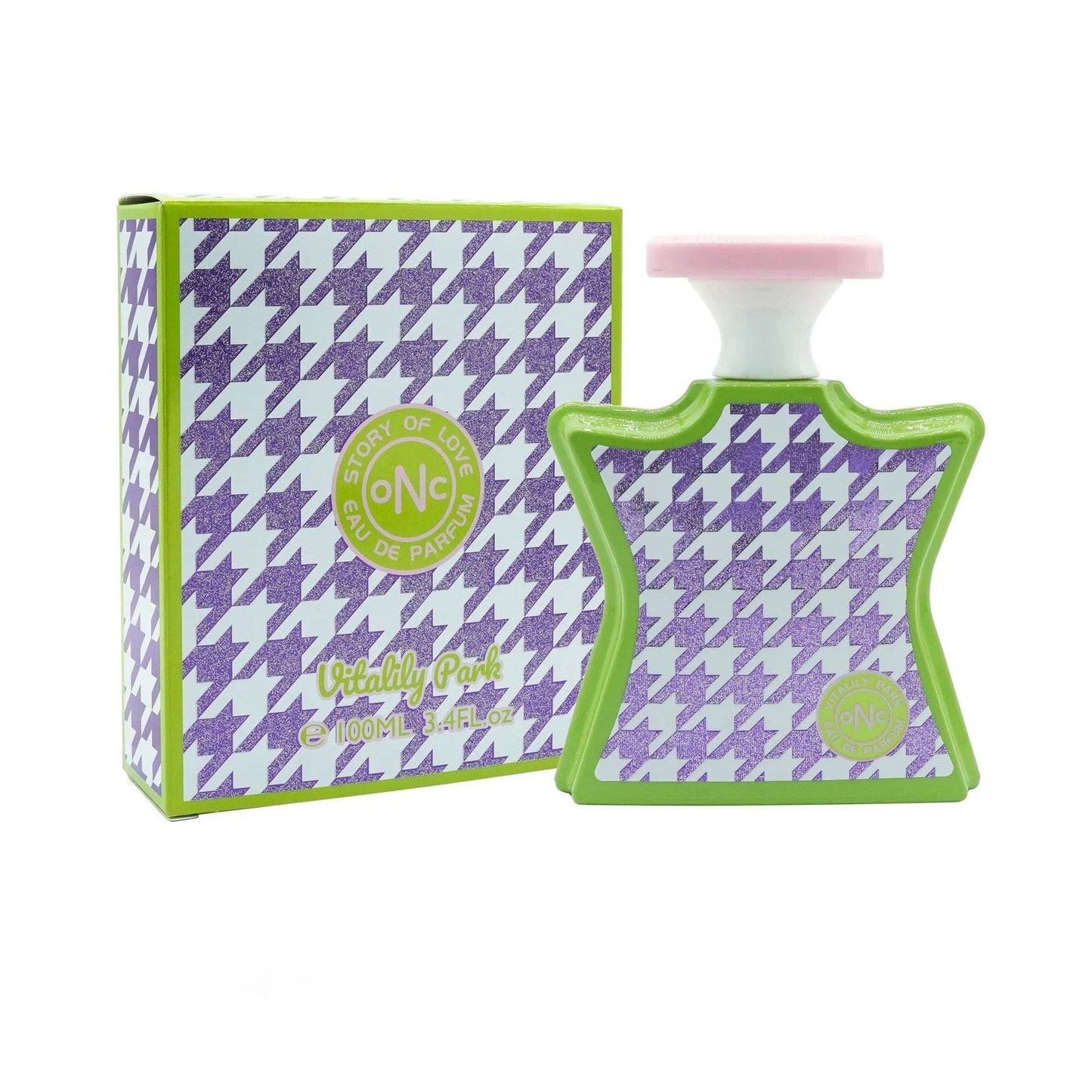 Perfume bottle and packaging with a houndstooth pattern on a white background
