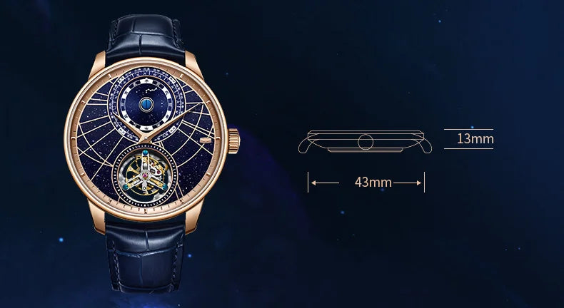 Luxury watch with blue face and black leather strap, shown against a dark background with measurements indicated.