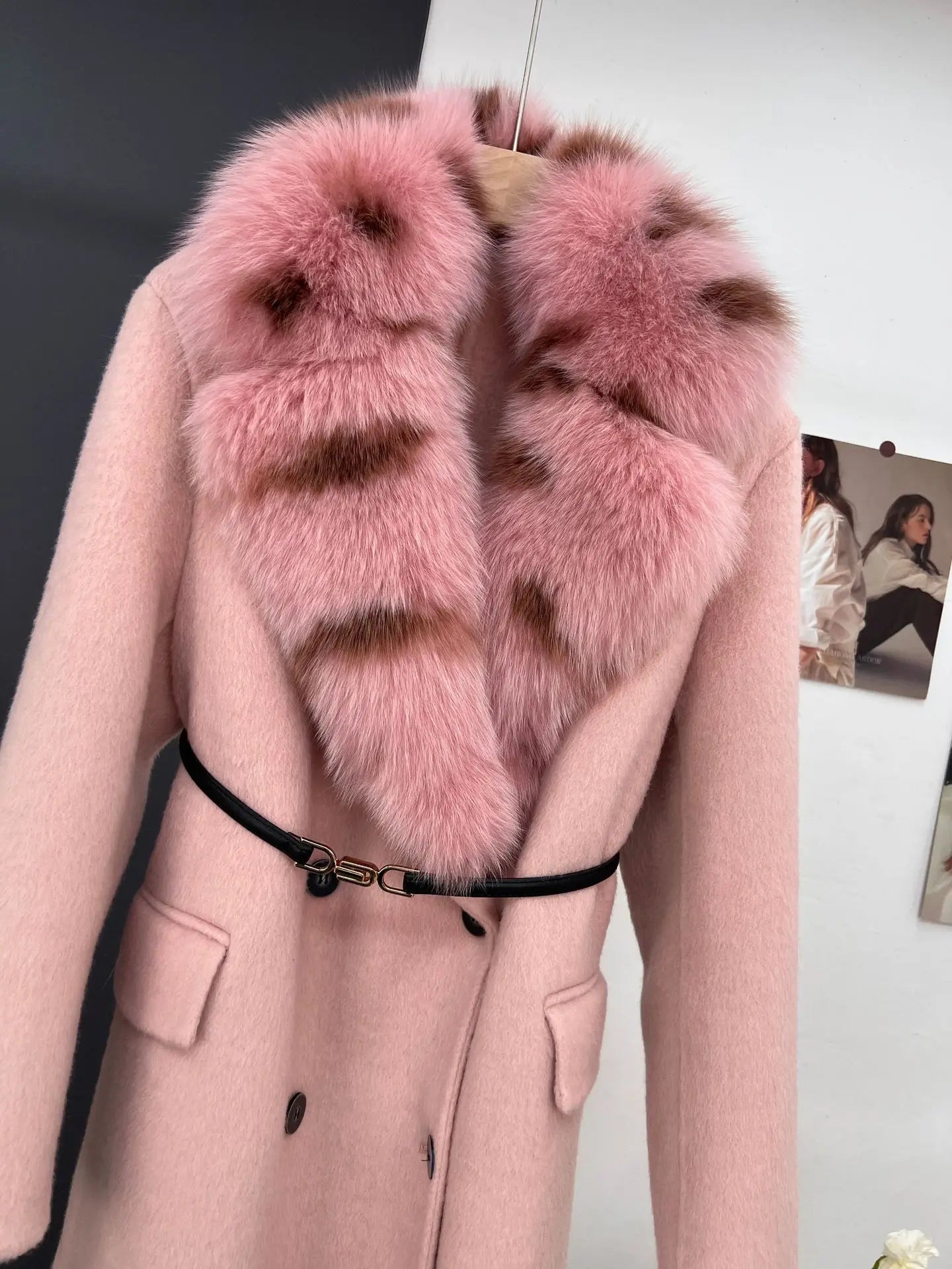 women's luxury wool coat long patchwork design with detachable fox fur