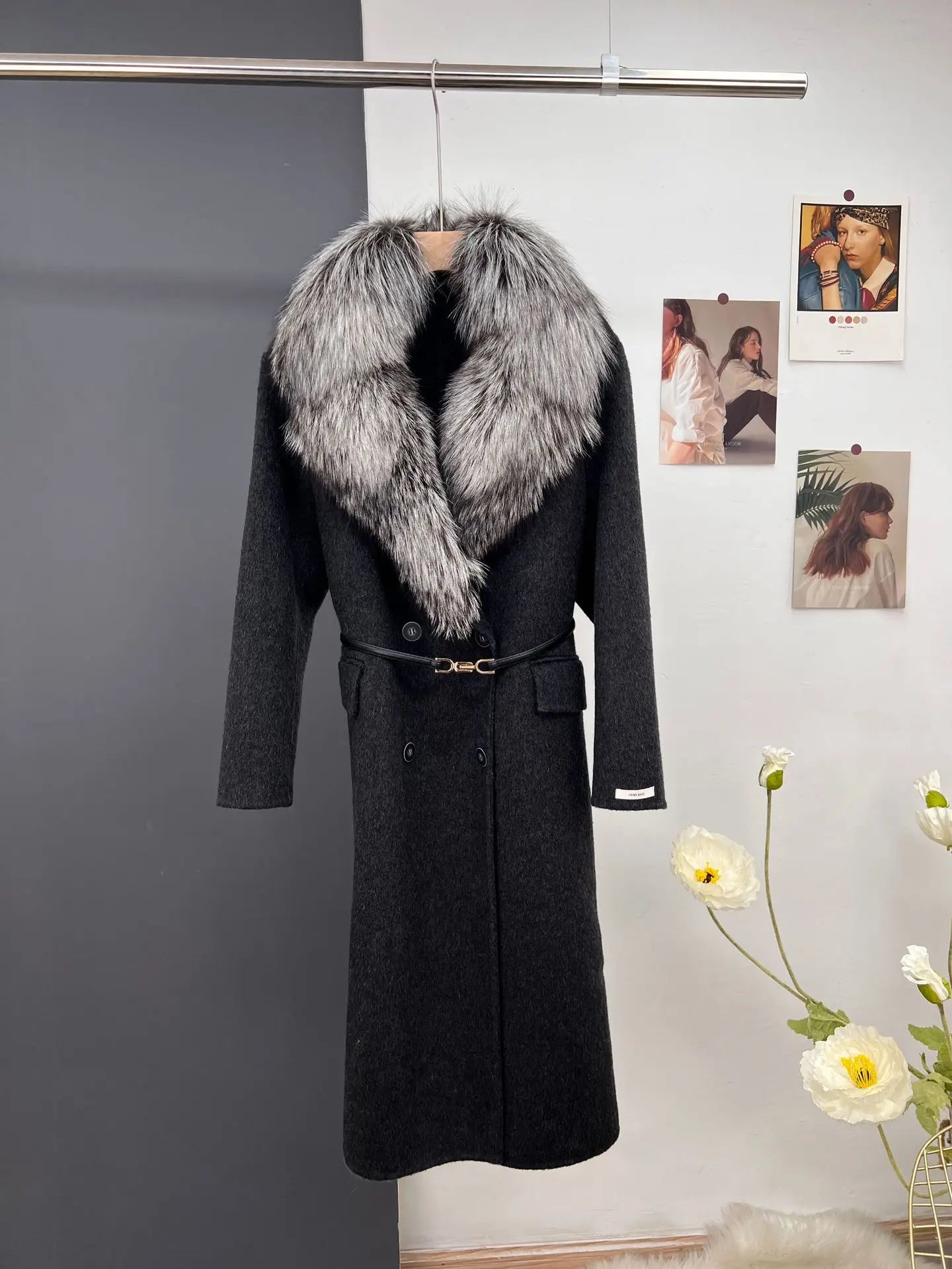 women's luxury wool coat long patchwork design with detachable fox fur