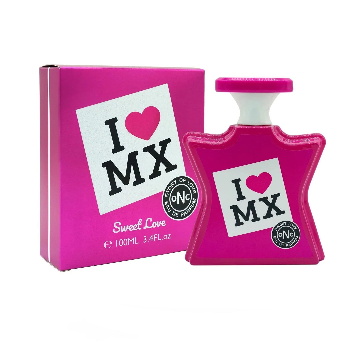 Pink perfume bottle and packaging with 'I ❤️ MX' text on a white background