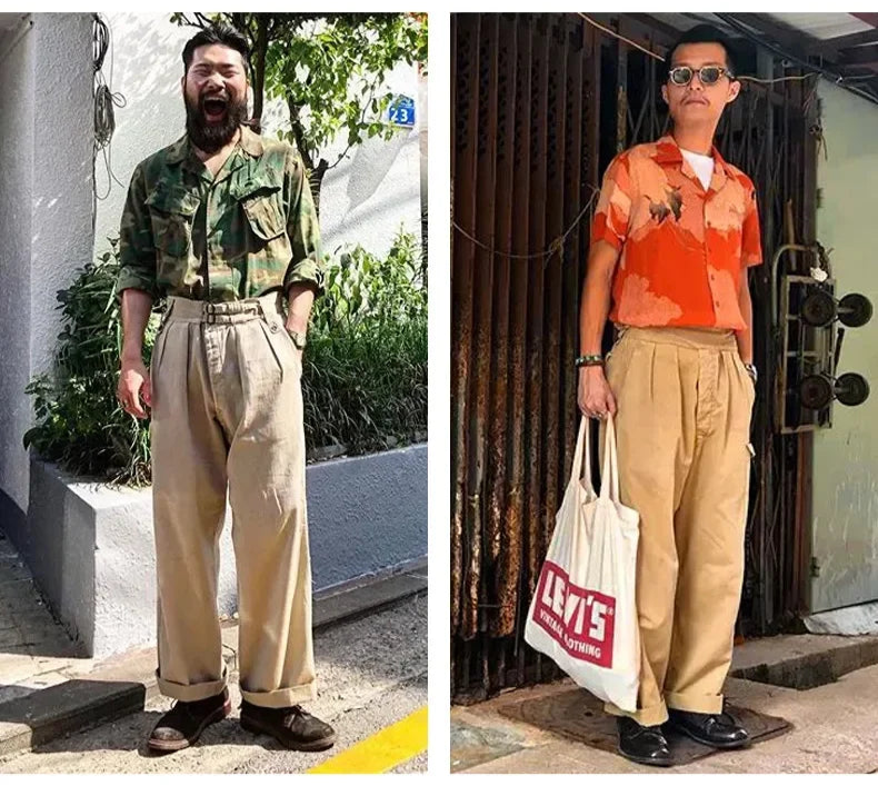 Two people wearing Gurkha pants in different settings, one outdoors and one indoors.