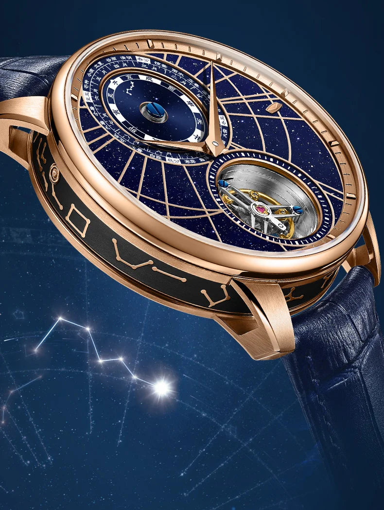 Luxury watch with intricate design on a dark blue background