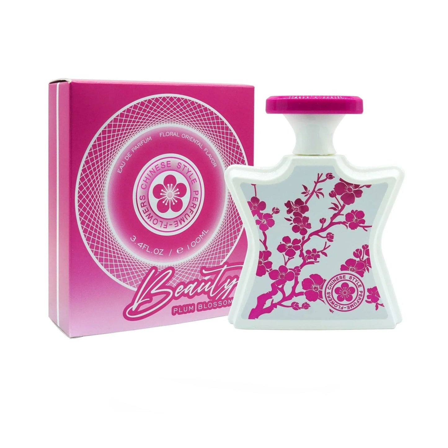 Perfume bottle and packaging with floral design on a white background