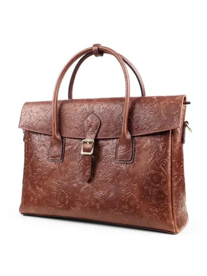 Vintage flower carved leather bag single shoulder briefcase & business satchel