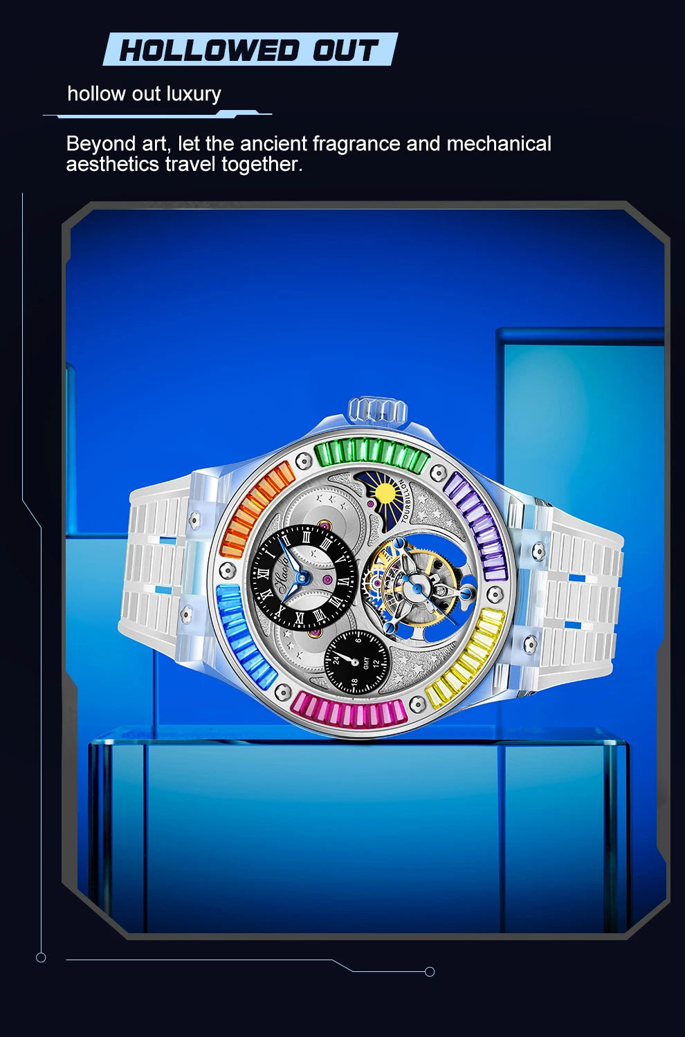 Haofa k9 watermelon crystal watch luxury skeleton tourbillon watch with sapphire glass