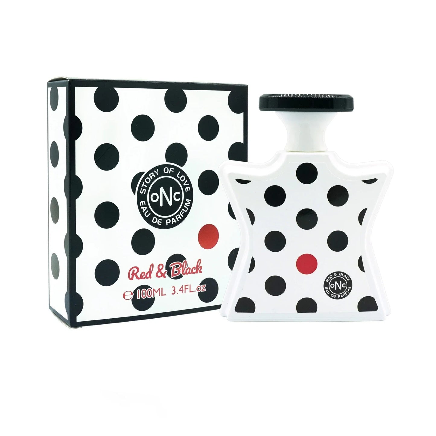 Perfume bottle and packaging with polka dot design on a white background