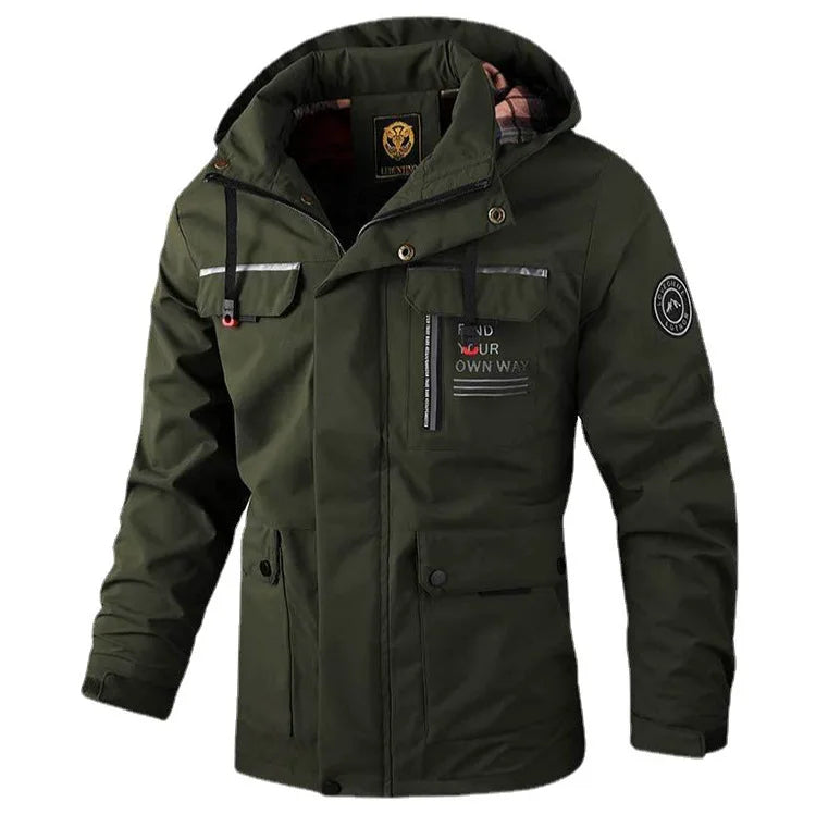 Green jacket with patches and branding on a white background