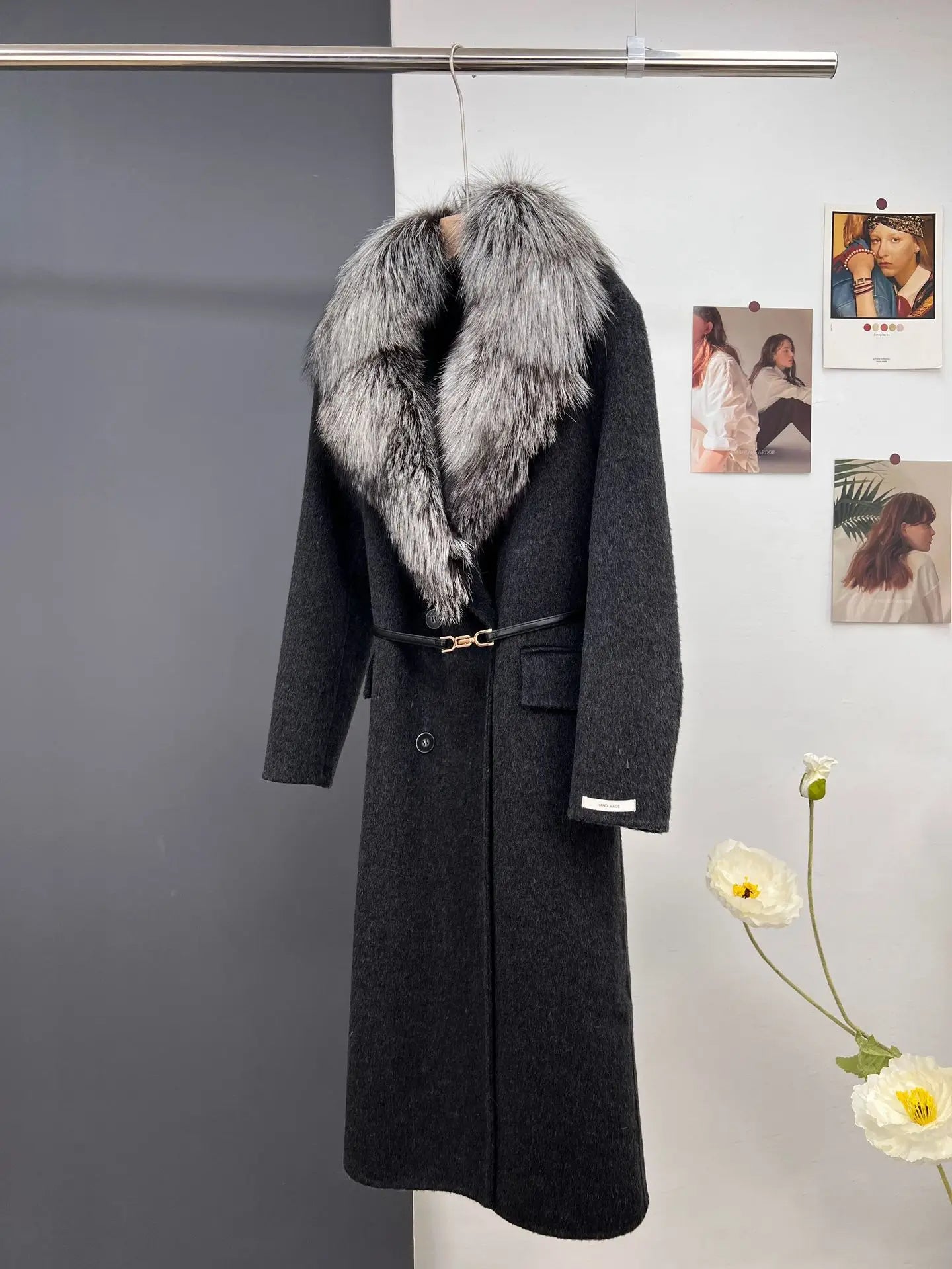 women's luxury wool coat long patchwork design with detachable fox fur