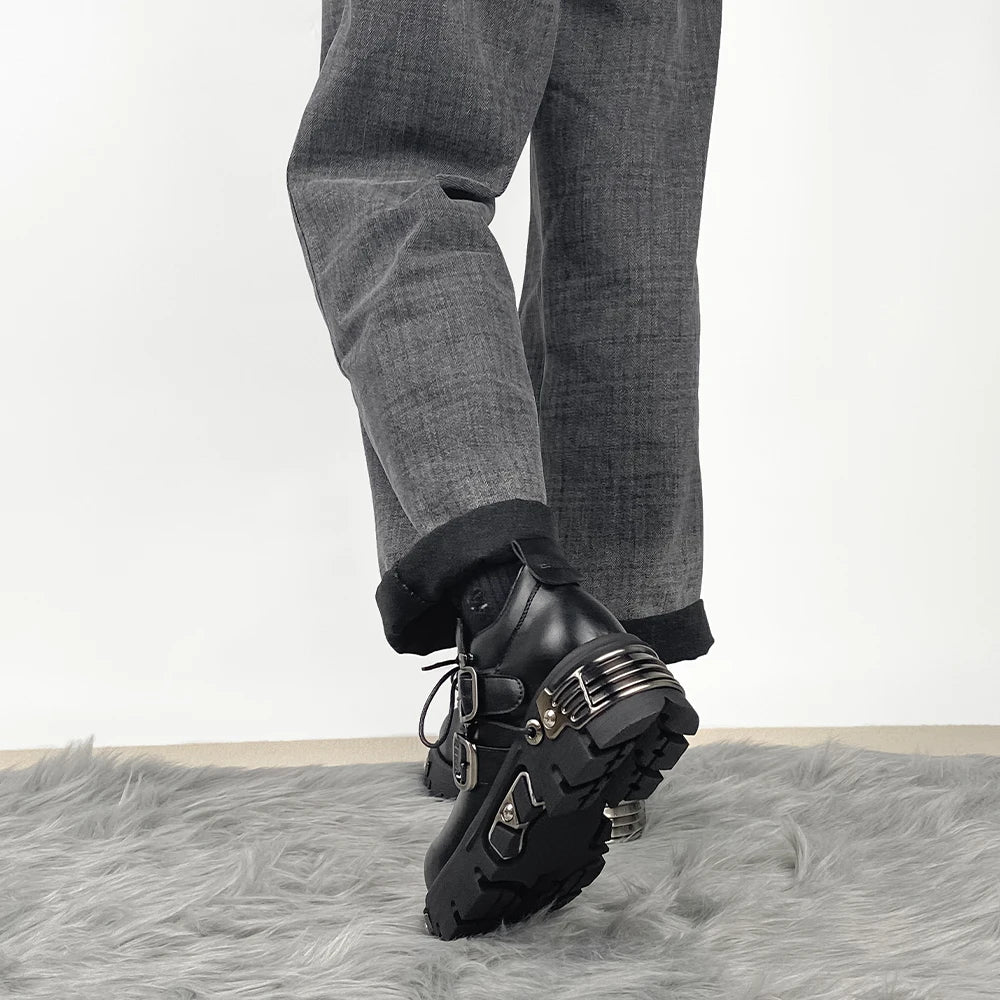 Dark punk style boots leather metal niche street style