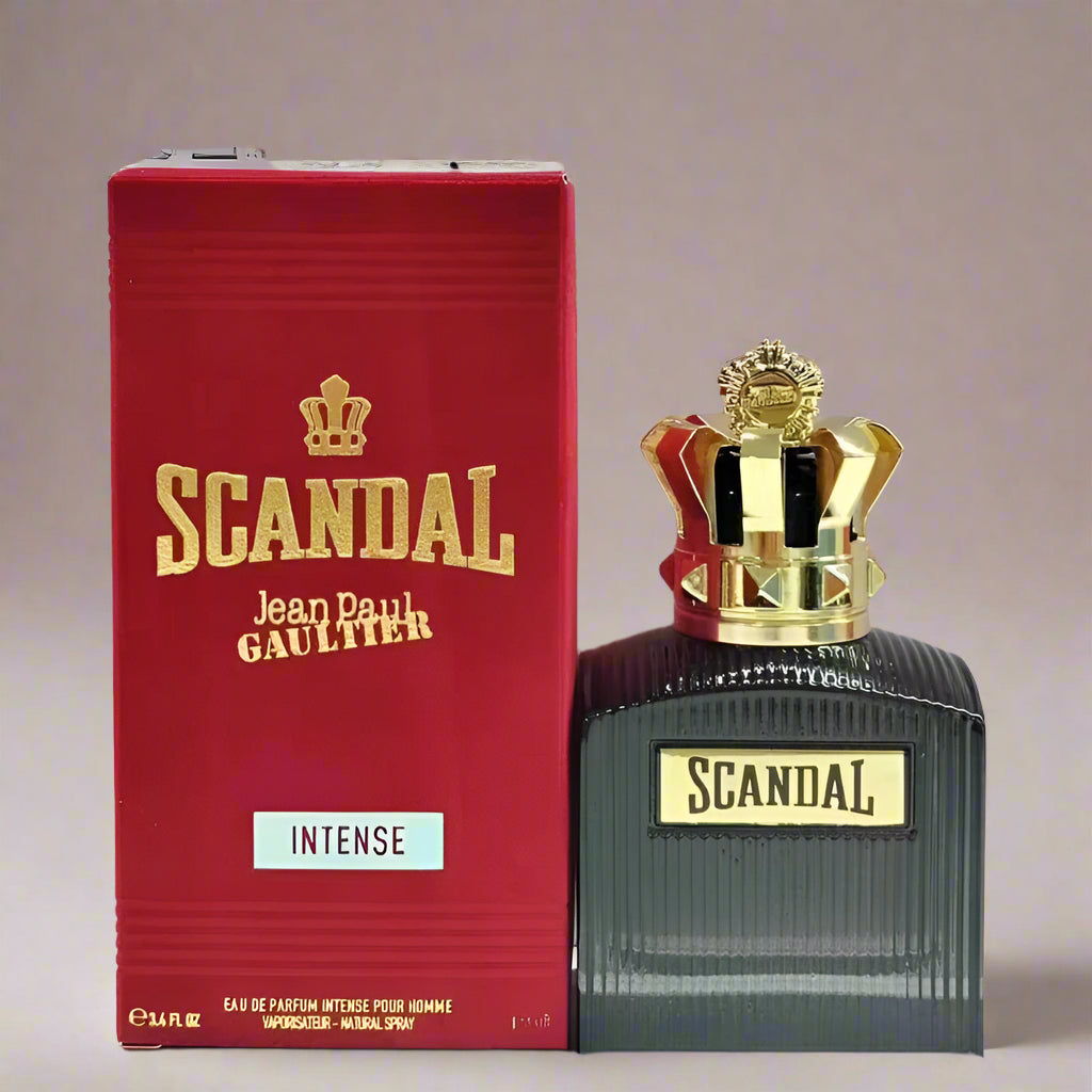 Scandal perfume bottle and packaging on a light gray background