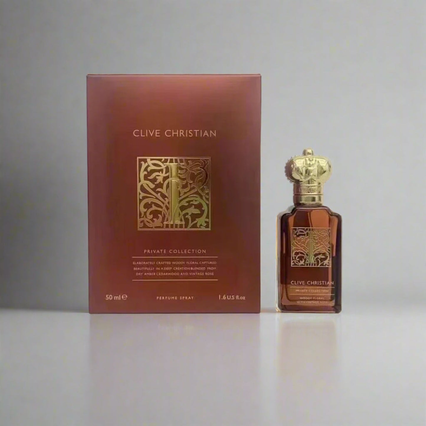 Clive Christian perfume bottle and packaging on a white background