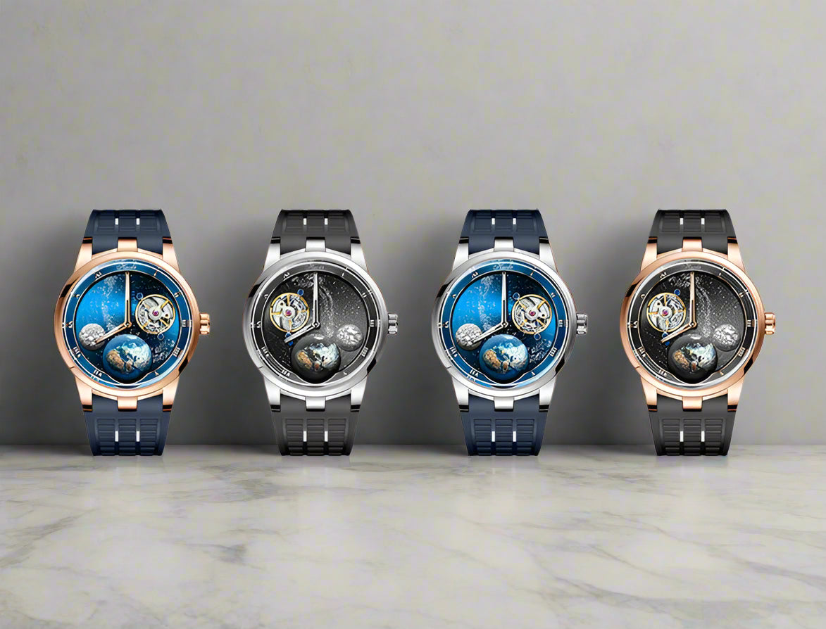 Four watches with different colored faces and cases on a white background.