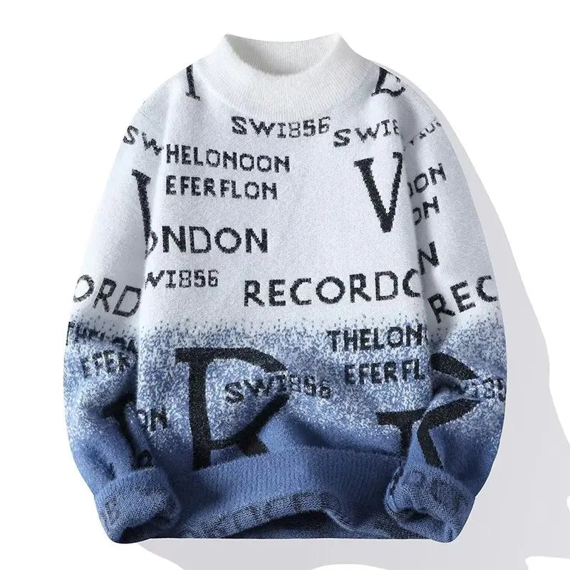 A men's pullover sweater with a high neck, featuring text and geometric patterns in a gradient of blue to white colors.