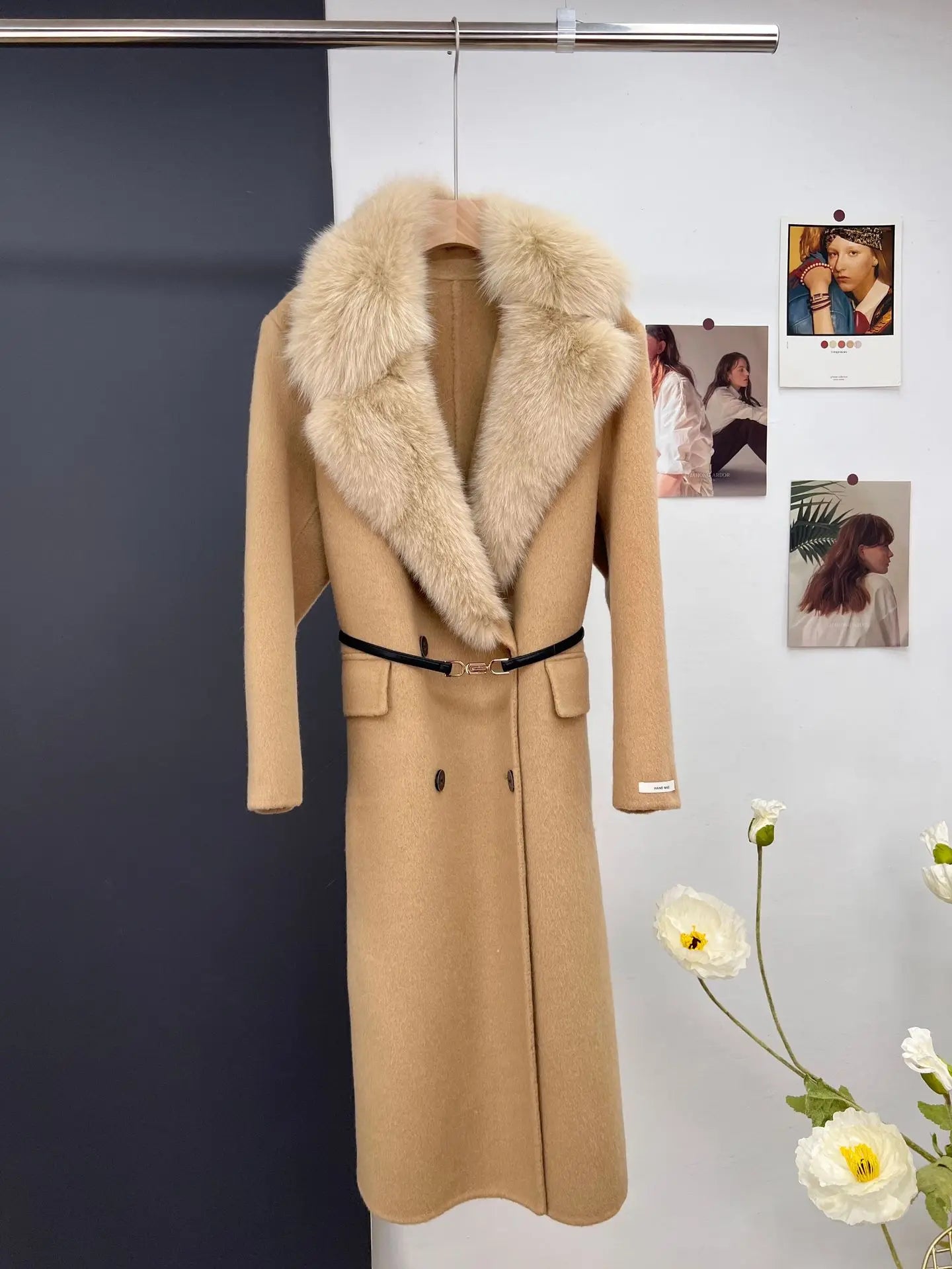 women's luxury wool coat long patchwork design with detachable fox fur