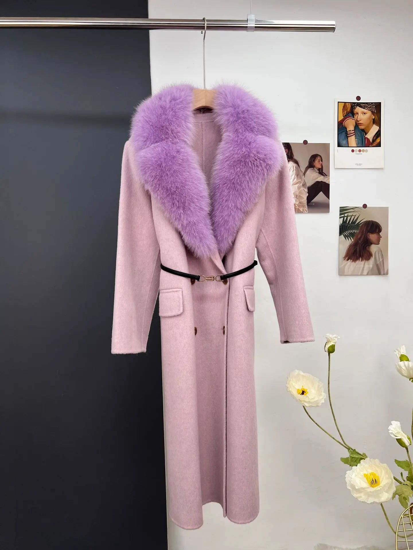 women's luxury wool coat long patchwork design with detachable fox fur