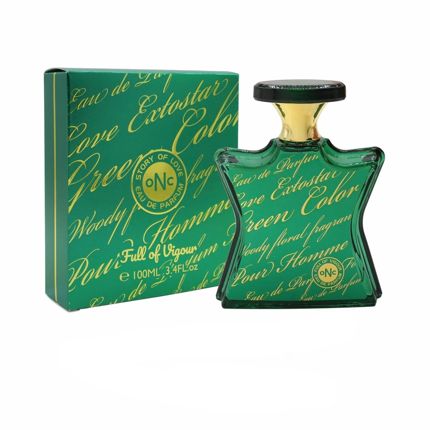 Green perfume bottle and packaging with gold text on a white background